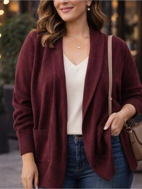 Bloomingdale’s 100% Cashmere Burgundy Open Cardigan Size L Soft Luxury Layer